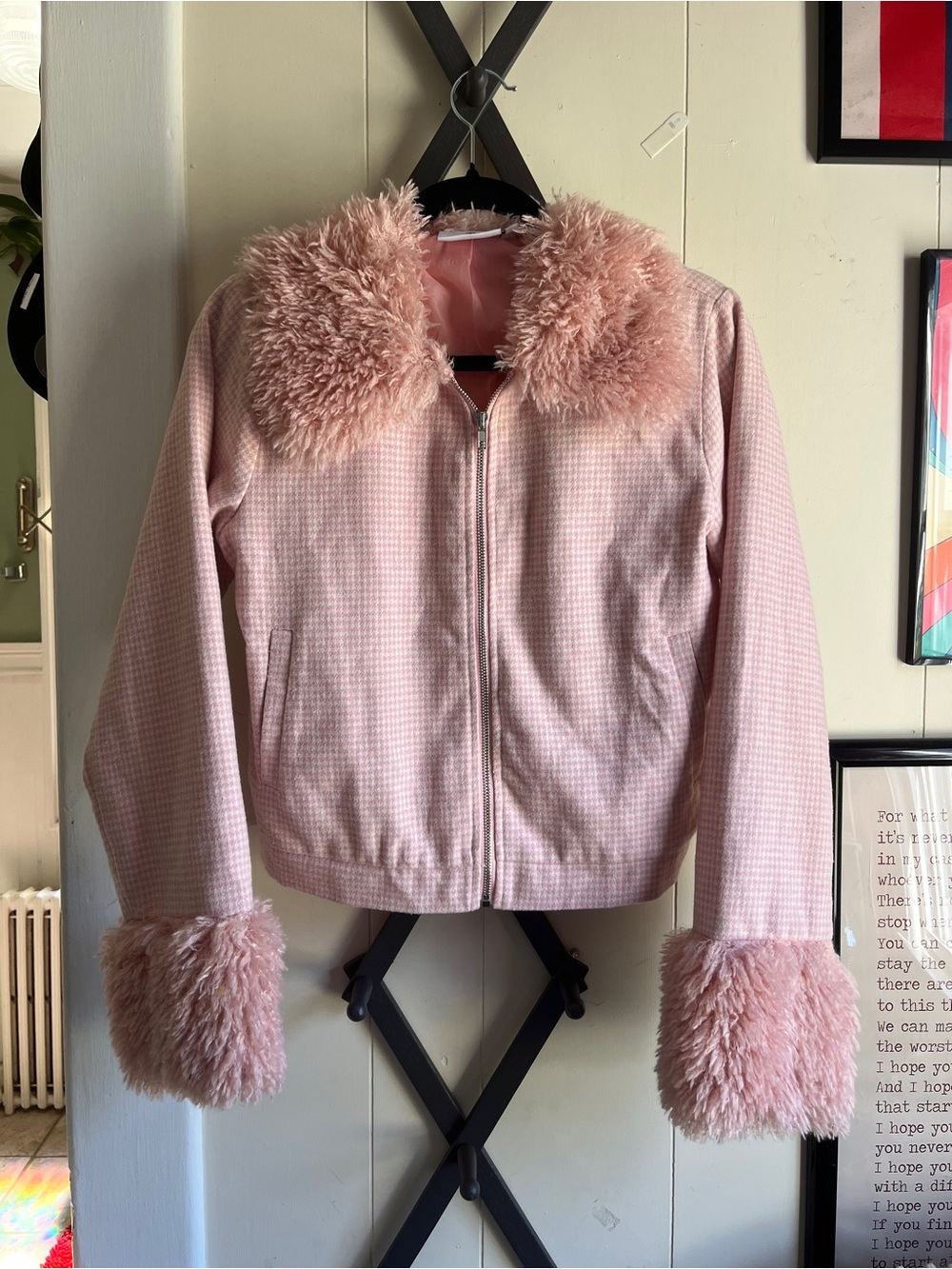 Women's Pink Faux-Fur Trim Zip Jacket
